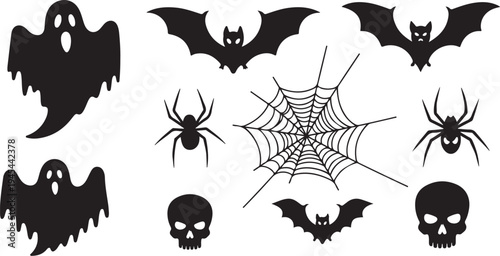 Halloween icons including bats, ghosts, spiders, and skulls symbols