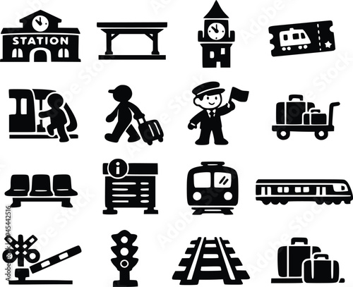 Railway Station Icon Set – Train, Tracks, Signal, Transport Vector SilhRailway Station Icon Set – Train, Tracks, Signal, Transport Vector Silhouette Packouette Pack