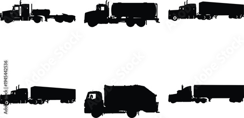 Compilation of six distinct black silhouette trucks, featuring semi-trucks, tankers, and box trucks, symbolizing the movement of goods and commerce.
