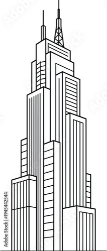 Outline vector illustration of modern skyscraper building with antenna. city architecture sketch isolated on transparent