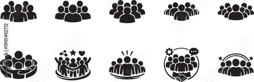 People crowd team icon set with group, community and teamwork symbols for business, social and web use.