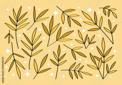 Set of hand drawn branches and leaves of bushes and trees. Aesthetic collection of plant icons. Ideal for decorating and framing flyers, greeting cards, stickers, posters, invitations, social media.