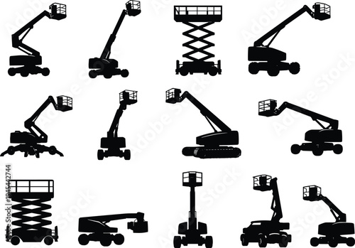 Black silhouette aerial work platform set, scissor lift and boom lift machines collection, construction access equipment vector isolated