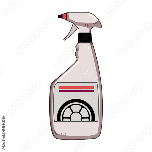Spray bottle holding a liquid cleaning product for car wheels, featuring a label with an abstract wheel icon, representing auto care and detailing supplies