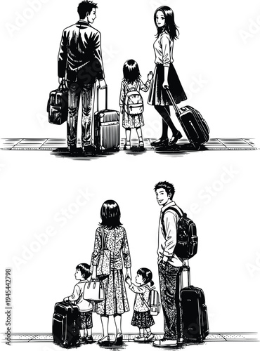 Family Waiting for Train Silhouette – Railway Travel Passengers Vector