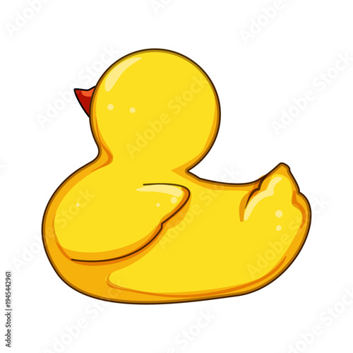 Yellow rubber duck seen from behind floating on water against a clean white background, evoking childhood bath time, playful innocence, and simple nostalgic fun for kids