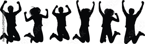 Celebrating People Jumping Silhouettes Vector Illustration, Happy Men and Women Success Poses Isolated Black Figures Set