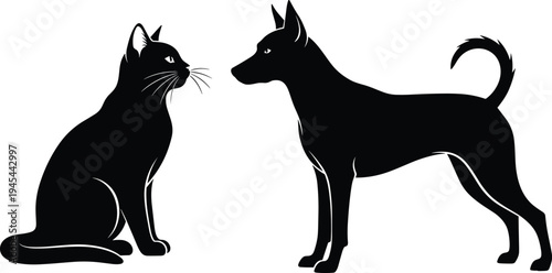 Cat and dog silhouette facing each other, domestic pet animals black vector illustration isolated on white background
