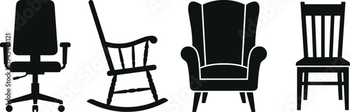 Chair silhouette vector set, office armchair rocking chair and wooden dining seat isolated on white background