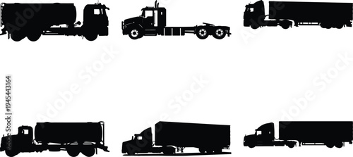 Assortment of six black silhouette trucks, including tanker trucks and semi-trailers, highlighting the vital role of road freight in global trade.