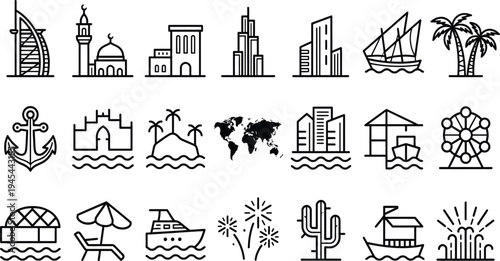 Middle east icons including modern skyscrapers traditional dhow boat and desert camel for tourism and city exploration themes