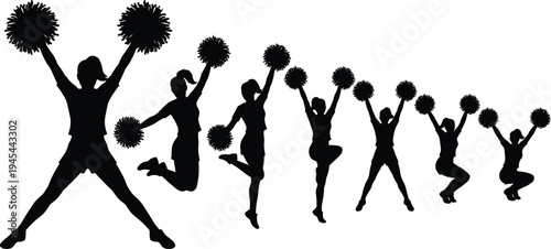 cheerleader silhouette set, pom pom dance poses, jumping cheerleaders collection, female cheerleader silhouettes, sport celebration poses, isolated black silhouettes