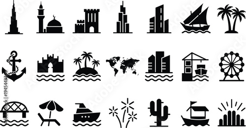 Middle eastern city icons and historical landmarks including Arab architecture and traditional architecture design elements