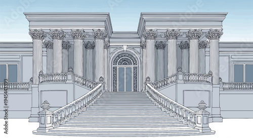Classic building facade, neoclassical architecture, gray stone illustration, monumental stairs