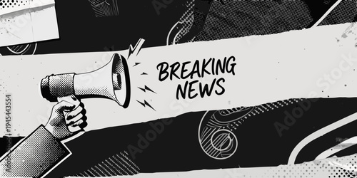 A hand holding a megaphone announcing breaking news in a pop art style