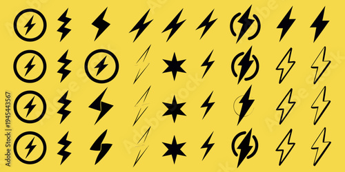 Collection of black lightning bolts and stars on a yellow background