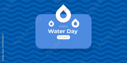 World Water Day wide banner on blue wave background. March 22 environmental awareness poster with water drop icon. Modern water day vector illustration