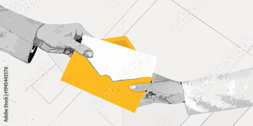 Hands exchanging an envelope with a blank white card inside