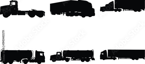 Assortment of black silhouette semi-trailer trucks and tractor units on a white background, featuring different trailer types.
