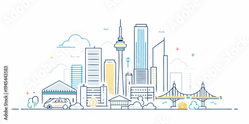 Modern city skyline illustration featuring a prominent communication tower