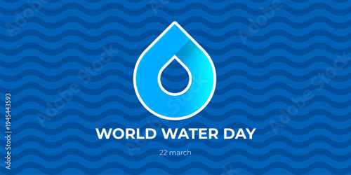 World Water Day wide banner on blue wave background. March 22 environmental awareness poster with water drop icon. Modern water day vector illustration