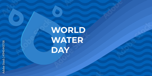 World Water Day wide banner on blue wave background. March 22 environmental awareness poster with water drop icon. Modern water day vector illustration