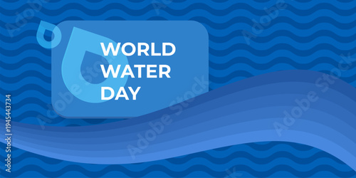 World Water Day wide banner on blue wave background. March 22 environmental awareness poster with water drop icon. Modern water day vector illustration