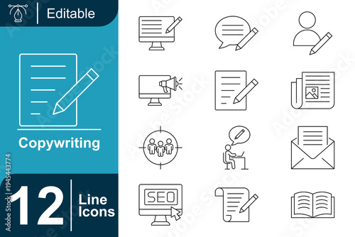 Copywriting icon set. Content writing, SEO article, email marketing, digital advertising, content strategy, blog writing, text editing, online publishing and more. Line vector icons collection.