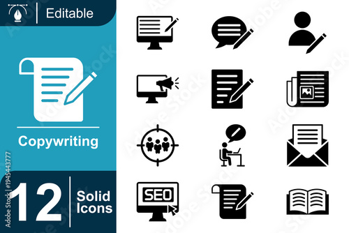 Copywriting icon set. Content marketing writing, SEO article creation, blog publishing, email marketing campaign, digital copy strategy, text editing workflow and more. Solid vector icons collection.