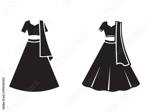 Traditional indian clothing designs for women with long skirts and shawls in simple black silhouettes on white background