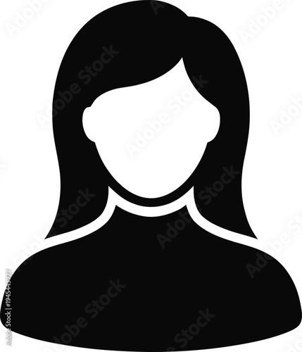 Silhouette of a woman with long dark hair and blank face, representing anonymity and user profile icon.
