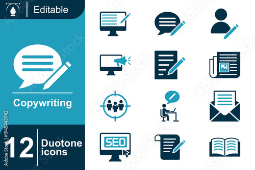 Copywriting icon set. SEO writing, content marketing, article editing, email campaign, blog content creation, digital copy strategy, text publishing and more. Duotone vector icons collection.