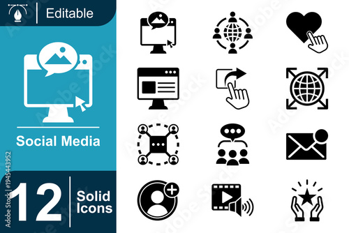 Social media icon set. Digital communication network, online community interaction, messaging platform system, social media marketing, content engagement and more. Solid vector icons collection.