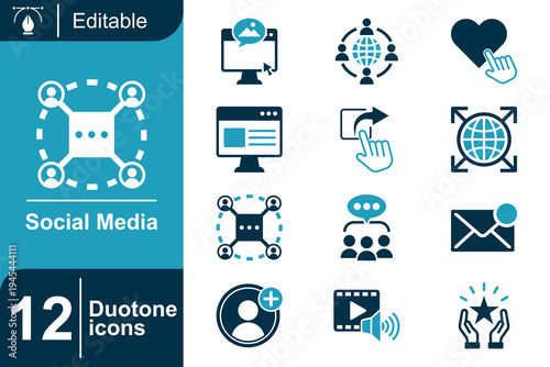 Social media icon set. Online community platform, digital communication network, user interaction system, social engagement, messaging platform, content sharing and more. Duotone vector icons collecti
