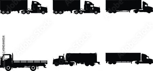 Collection of black silhouette vector illustrations of various trucks, including semi-trucks, flatbeds, and tankers, isolated on white.