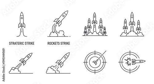 Collection of rocket launch and target icons in a simple line art style.