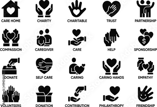 Set of black charity icons including volunteer support donation care home and philanthropy symbols on checkered background