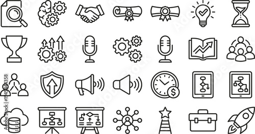 Business process management icons set featuring strategy planning analysis collaboration and growth outline vector signs
