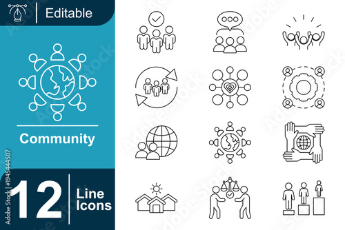 Community icon set. Social group connection, teamwork collaboration, global community network, social interaction, people collaboration system, community support and more. Line vector icons collection