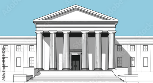 Neoclassical Building, Government Architecture, Columns Facade, Vector Illustration, Public Structure