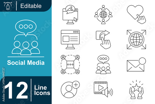 Social media icon set. Online communication, digital community network, social sharing, messaging platform, user interaction, social marketing, content engagement and more. Line vector icons collectio