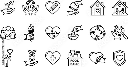 Set of 18 charity, community, and solidarity line icons for websites, social media, apps, and other designs