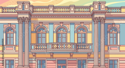 Colorful vintage building facade, ornate architecture illustration, pastel colored exterior, decorative columns