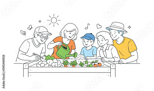 A group of neighbors gathering in a small urban garden to grow fresh vegetables together, gathered around a raised garden bed and using a simple watering can that symbolize community