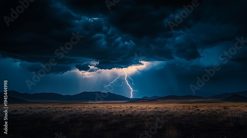 Dramatic night sky scene with lightning over mountains and plains