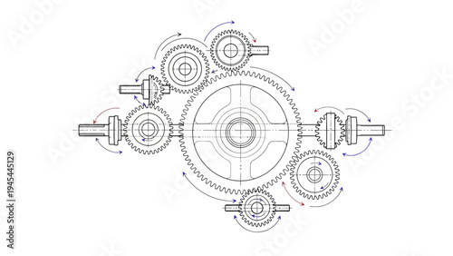 Technical Drawing of Mechanical Gear System Components.