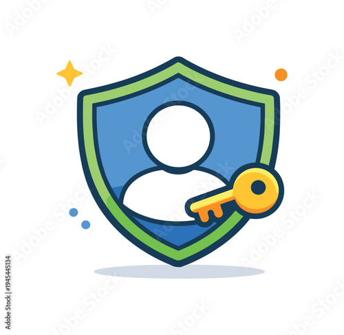 Secure online identity and account protection supporting safe use of digital services in everyday life and business activities, a user profile icon protected by a shield with a small key