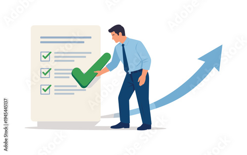A professional evaluating progress and confirming successful completion of key responsibilities, visual metaphor of a focused worker placing a large checkmark onto a completed document