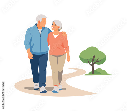 A senior couple enjoying a peaceful morning walk together in a park as part of an active and healthy lifestyle in later years, representing longevity, wellbeing, and supportive companionship