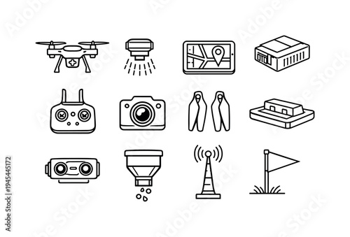 Experimental drone agriculture: quadcopter drone, crop-spraying nozzle, GPS navigation tablet, drone battery pack, remote controller, camera sensor module, foldable propellers, docking